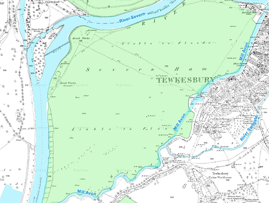 Image of an old map of land near Tewkesbury