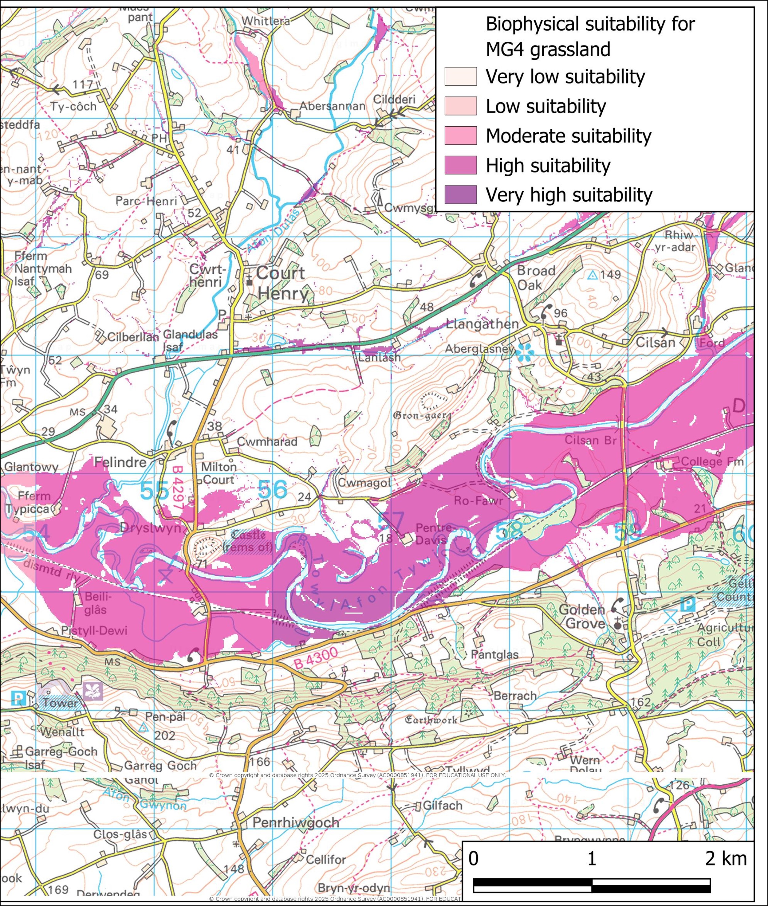 map of wales showing pink outline detailing where it is suitable for grassland potential 
