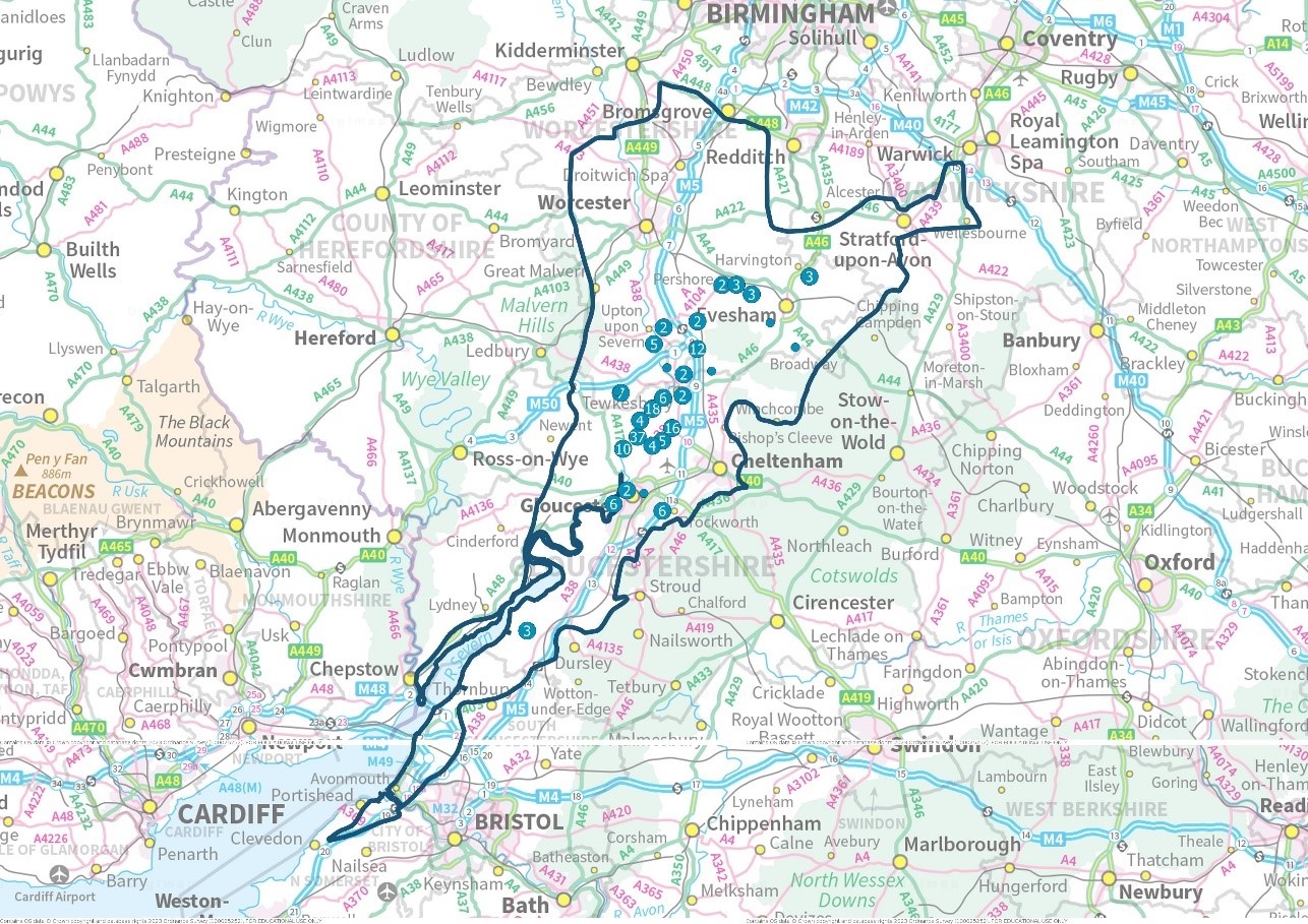 Map view showing the distribution of species rich floodplain meadows in the Severn Vale