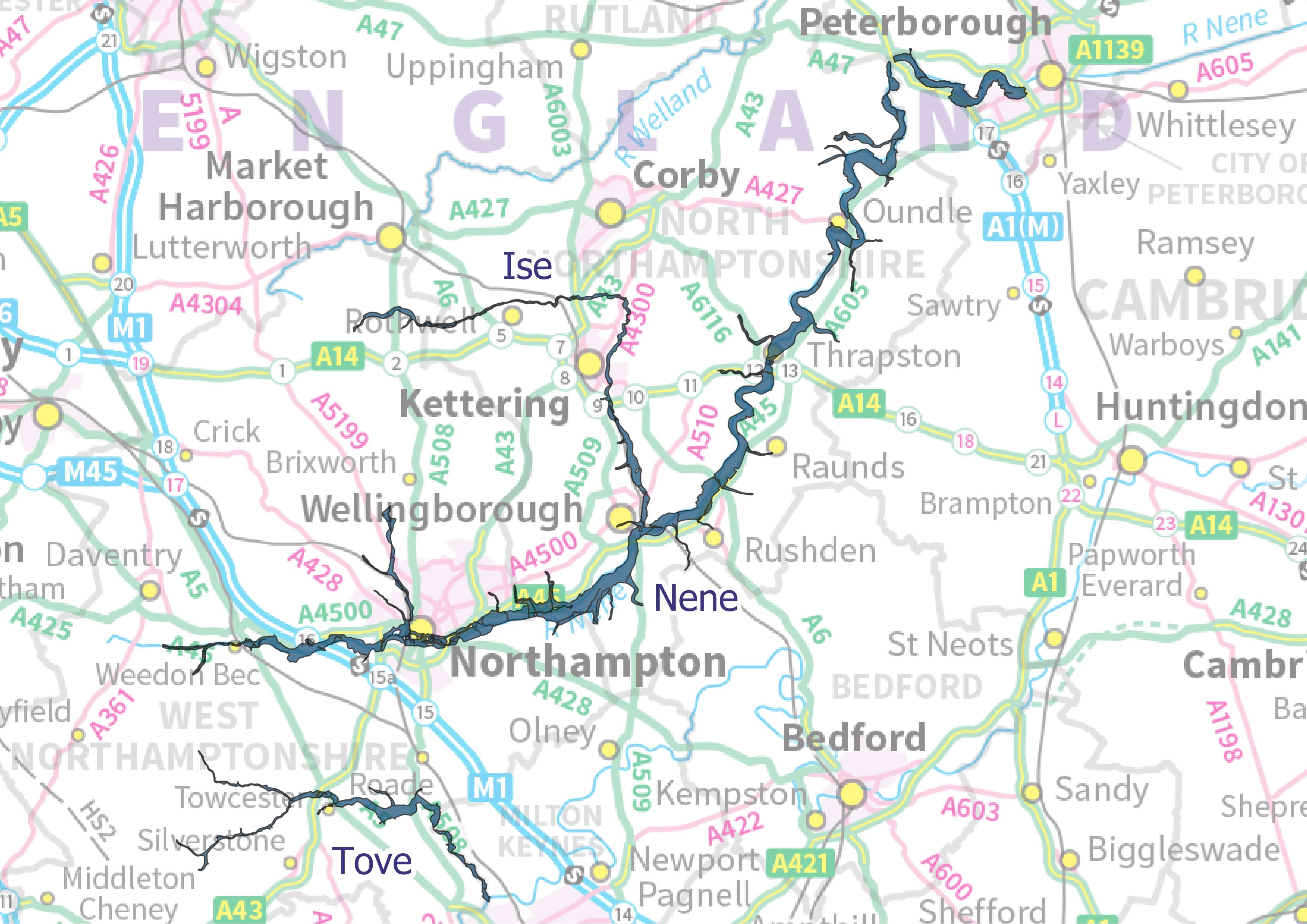 A map showing the floodplain of the rivers Nene Ise and Tove highlighted
