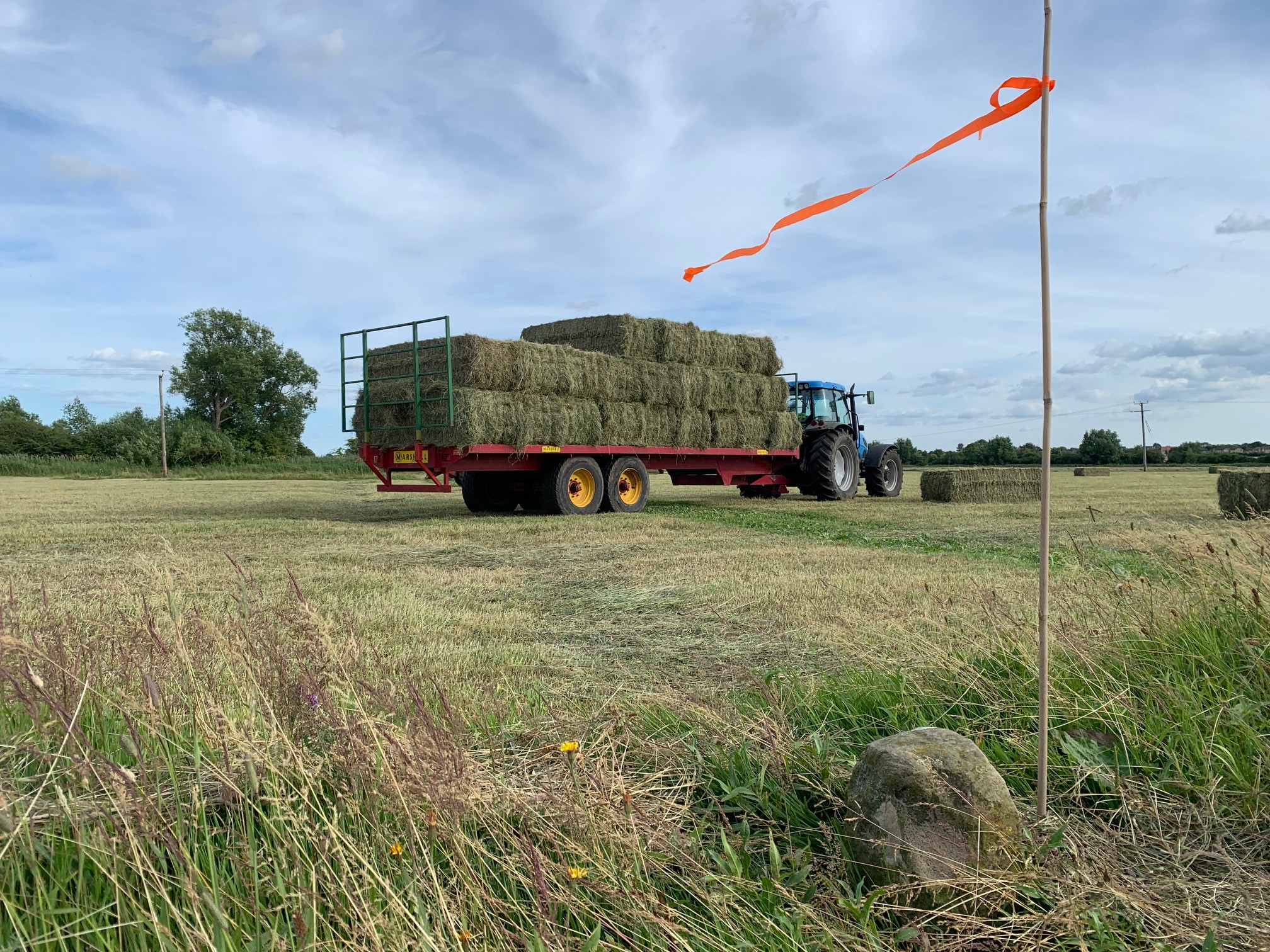 Tractor with a trailer carrying bales of hay in a field 